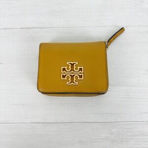 Tory Burch Britten Mini Wallet Leather Zip Around Card Holder Golden Yellow